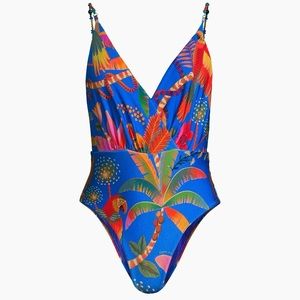 FARM Rio One Piece Swimsuit NWT Macaw Party in Party Blue Tropical Print Large